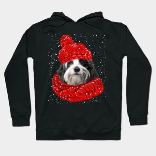 Tibetan Terrier Wearing Red Hat And Scarf Christmas Hoodie